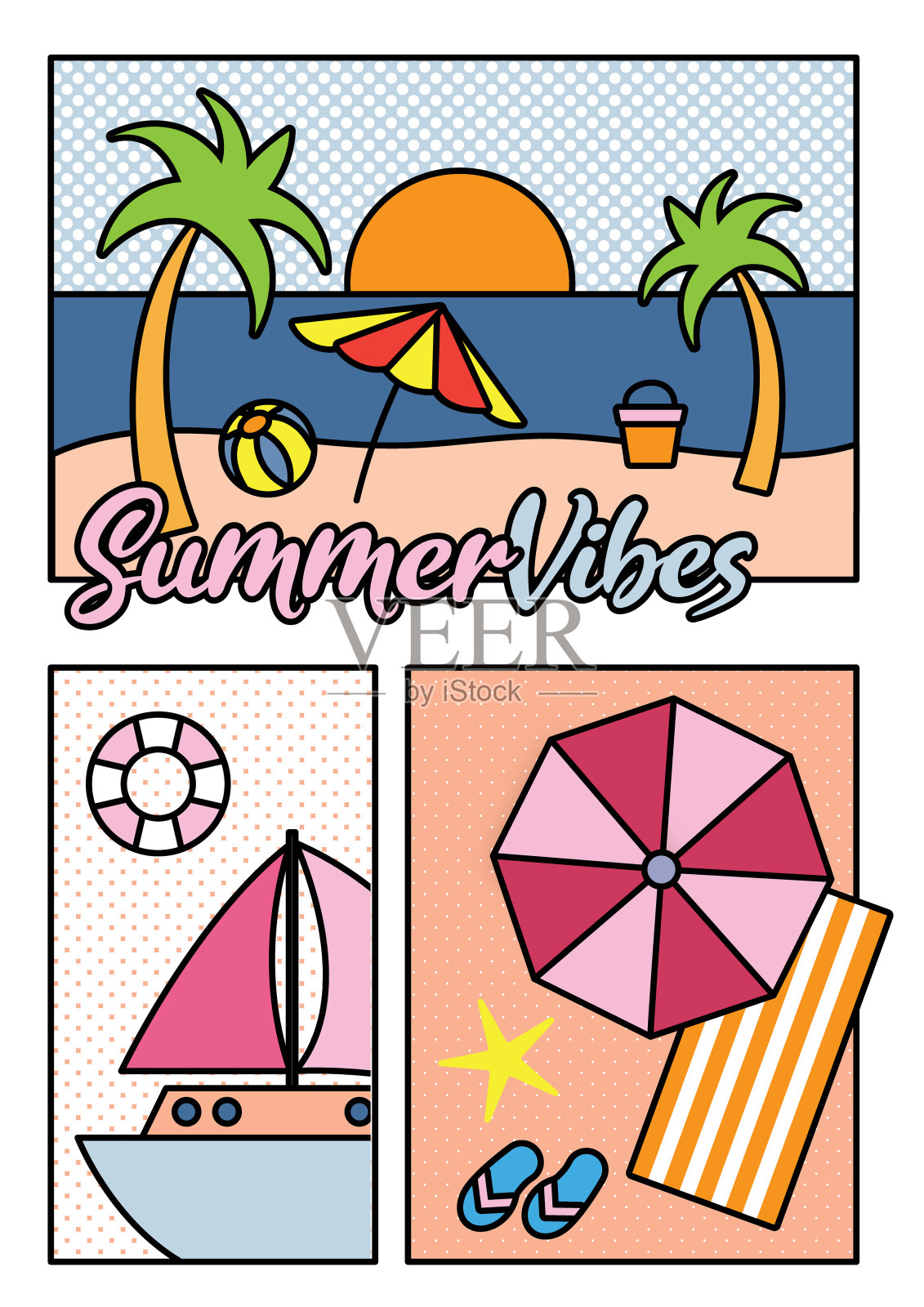 夏天的氛围卡通彩色矢量插图，帆船和棕榈树矢量插画图片素材
