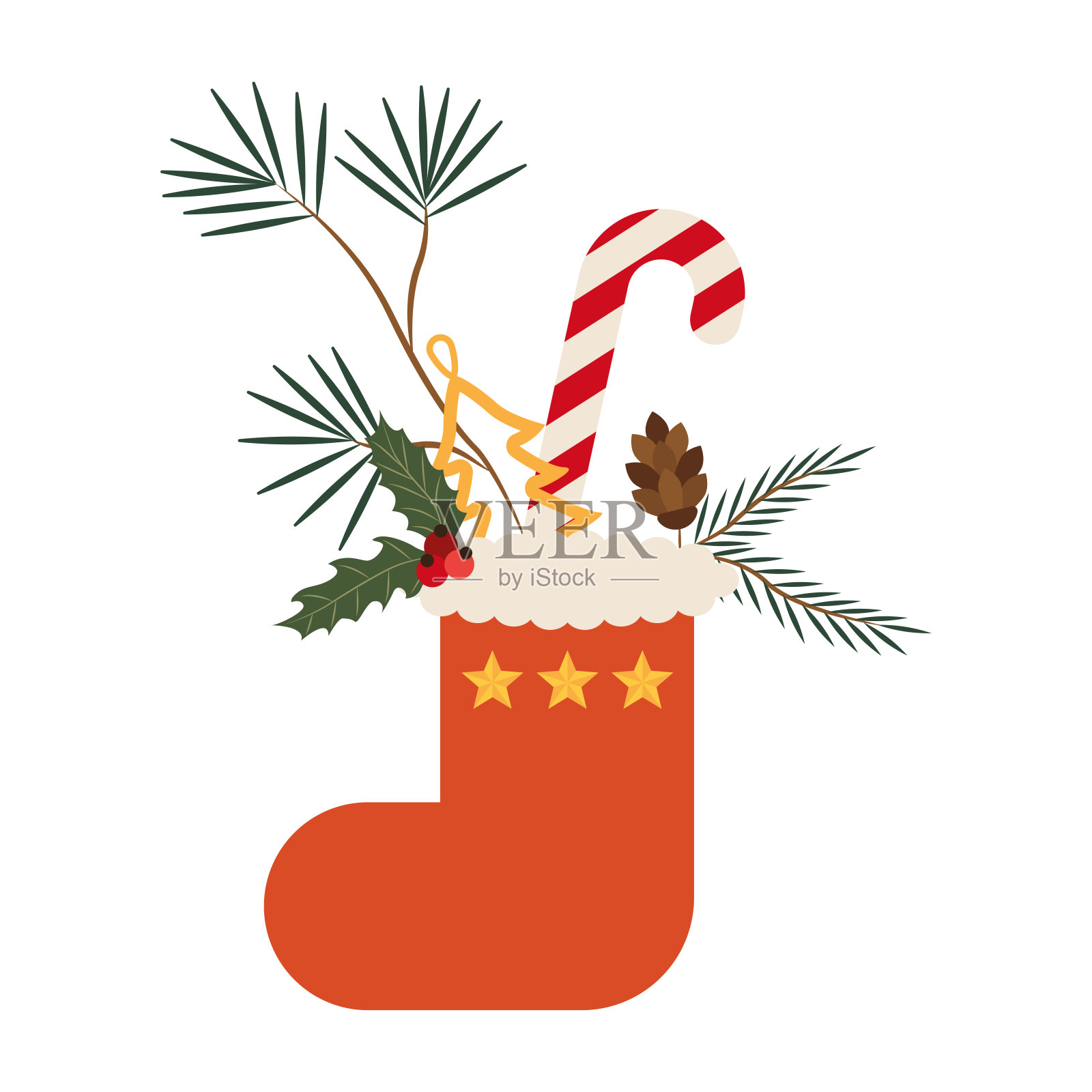 圣诞红袜子与云杉树枝装饰插画图片素材