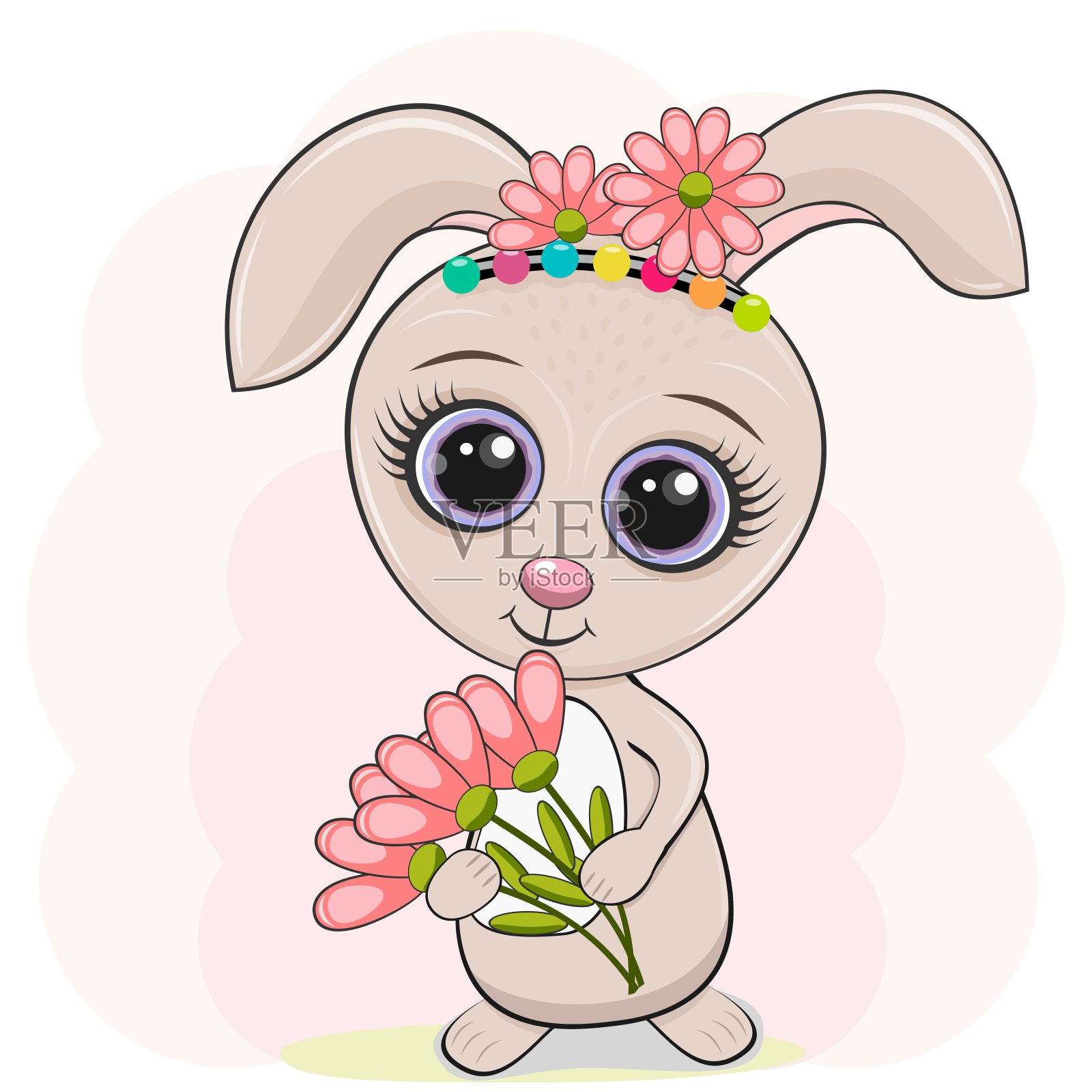 兔子与白色背景上的花朵的矢量插图。设计元素图片