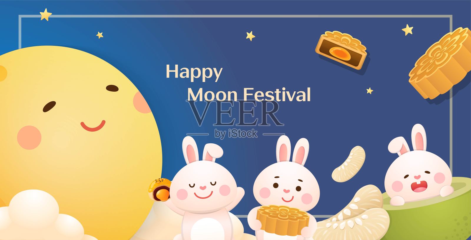 中秋海报，可爱俏皮的卡通人物兔子吉祥物与月亮、月饼和柚子设计模板素材