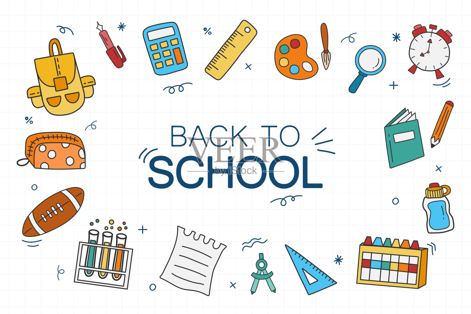 《回到学校》系列。矢量图标中有许多关于教育器材和学校的主题。插画图片素材