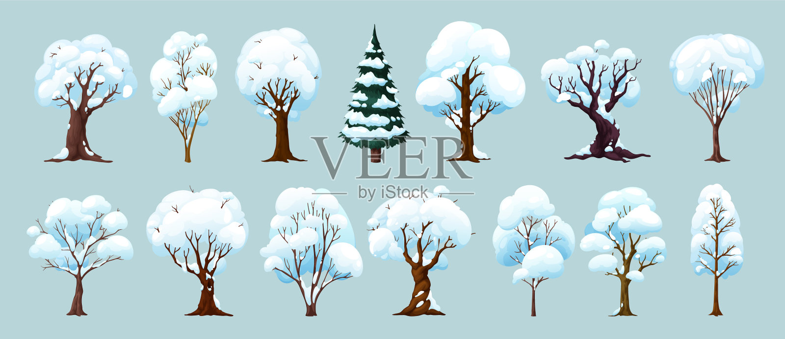 卡通冬季树木森林和花园植物设置插画图片素材