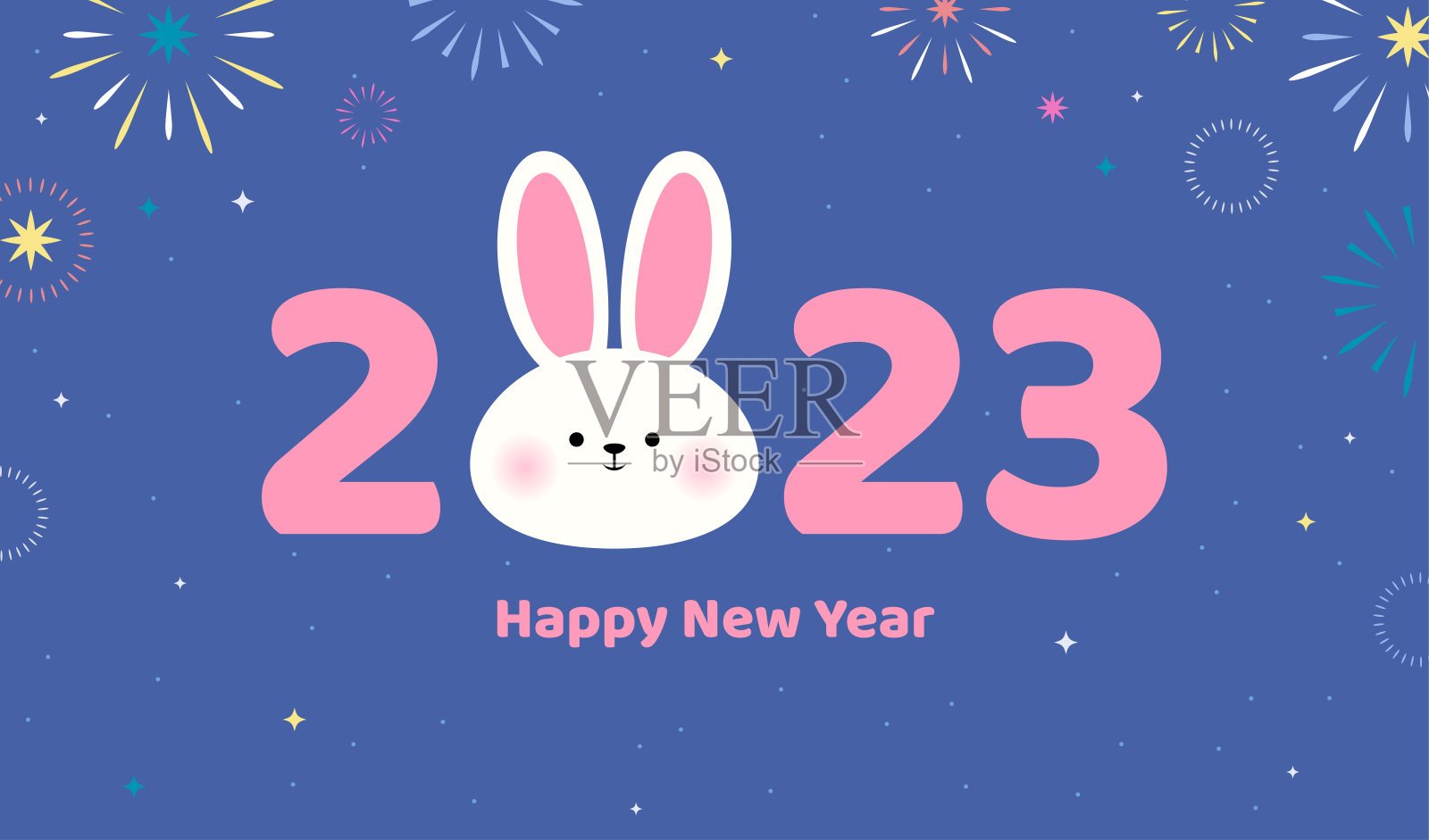 2023年新年贺卡矢量插画。可爱的小白兔，紫色背景上有烟火。插画图片素材