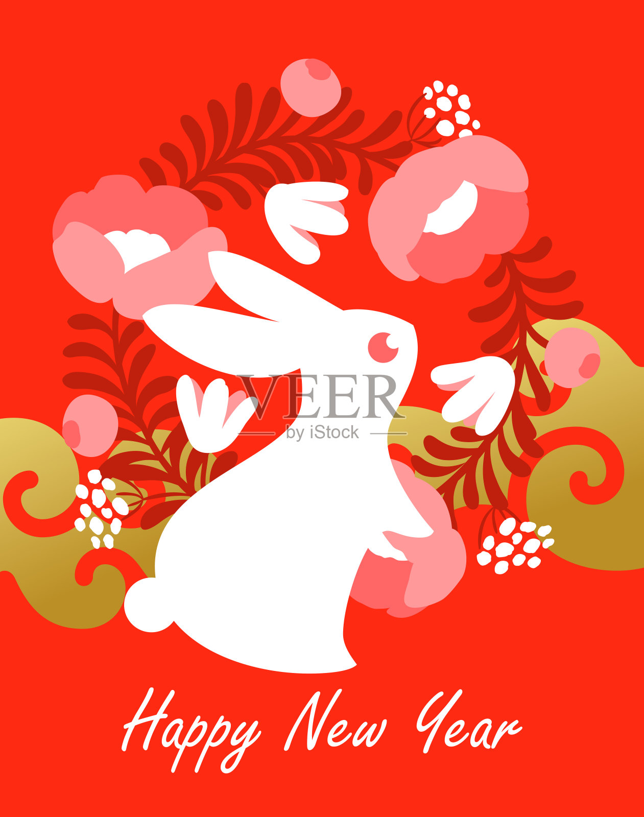 小白兔上了一只红色的。可爱的兔子花花环和装饰元素。中国2023年新年贺卡与农历生肖兔子的象征为传统的中国节日春节插画图片素材