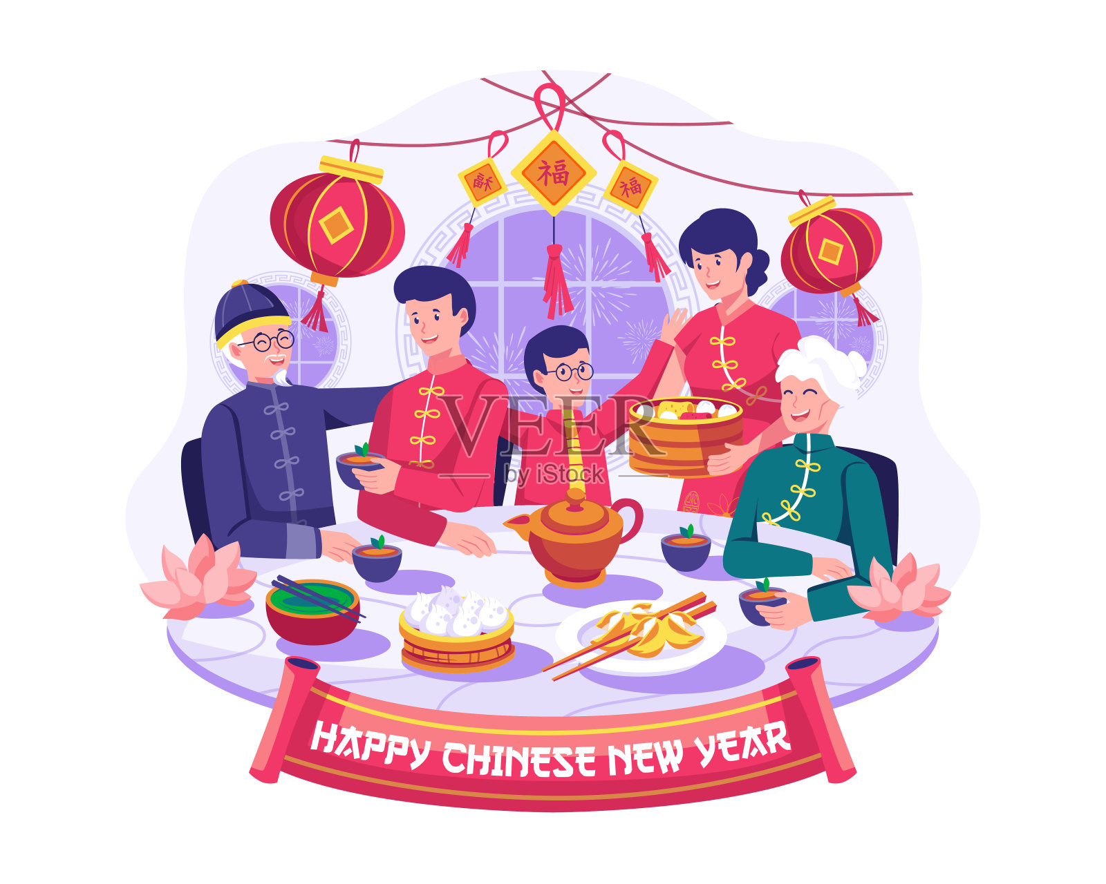 快乐的亚洲家庭聚会是在除夕夜吃团圆饭，吃美味的传统菜肴。矢量图插画图片素材