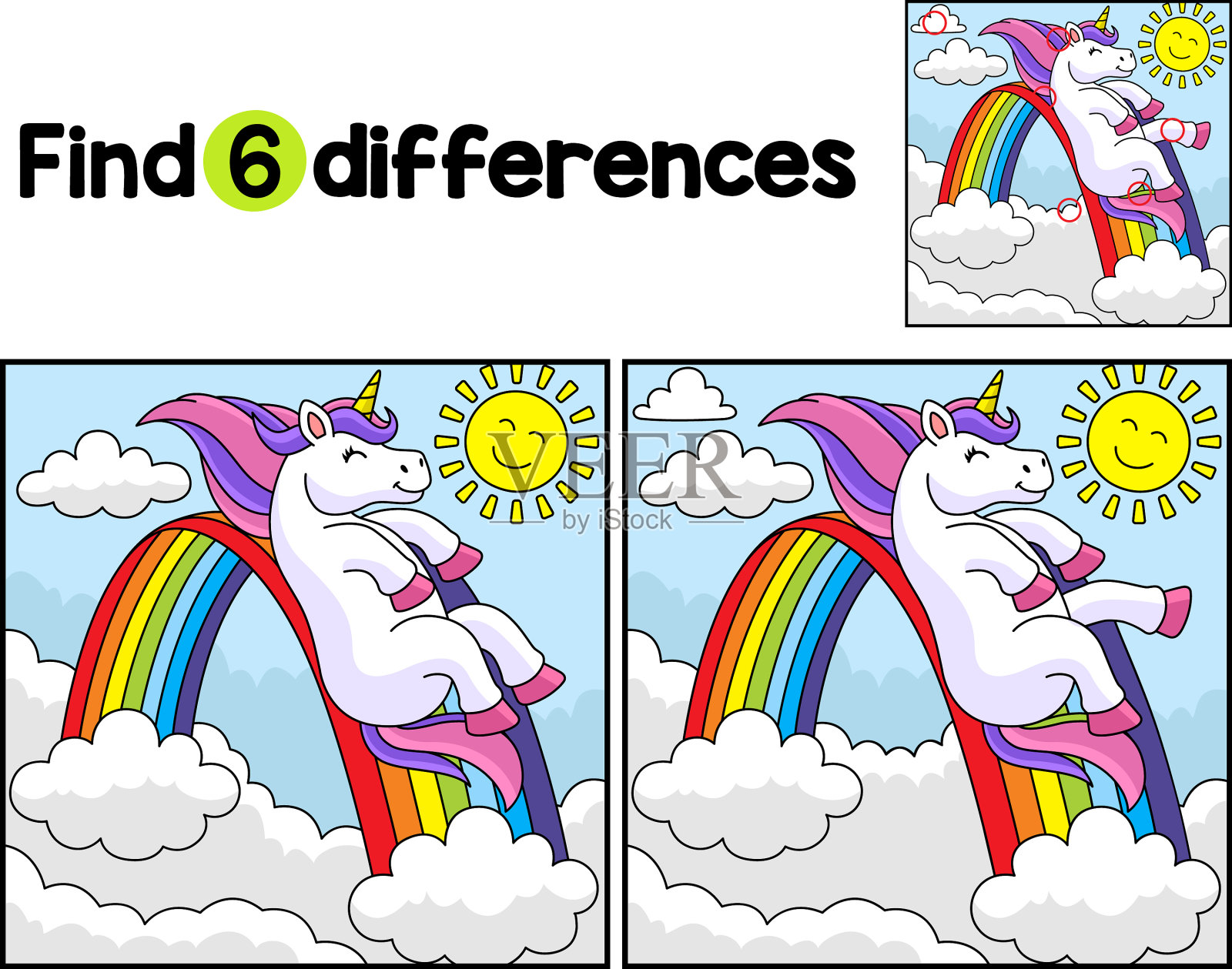 独角兽在彩虹上滑行，发现差异插画图片素材