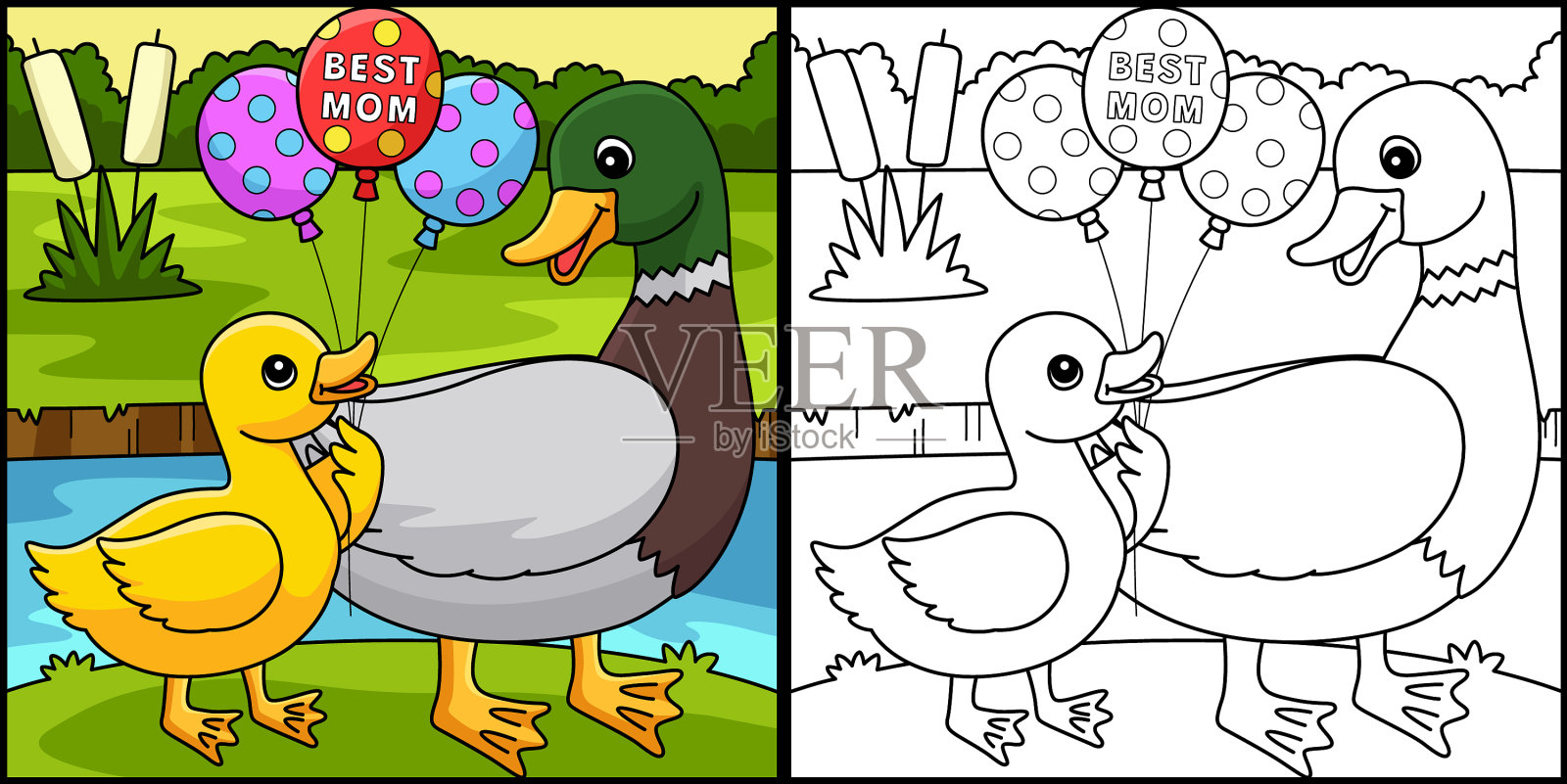 母亲节鸭子涂色页插画图片素材