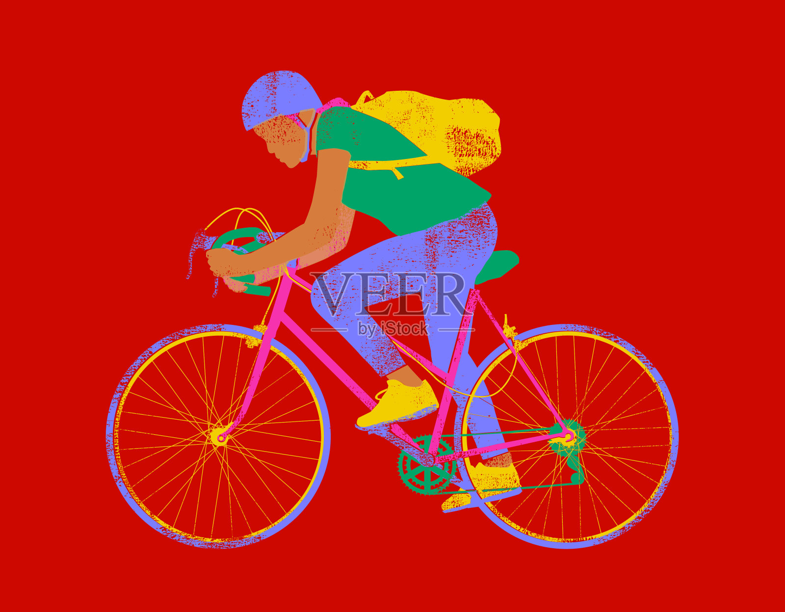 女性骑自行车的人。linopprint或Riso打印效果。设计元素图片