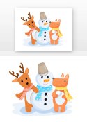 冬天小鹿小狗一起堆雪人元素符号图片