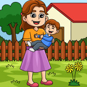 母亲节妈妈抱着孩子彩色卡通插画图片