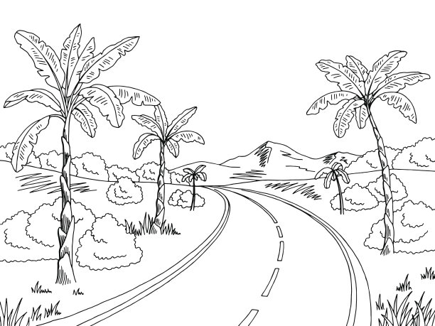 丛林道路图形黑白景观素描插图矢量