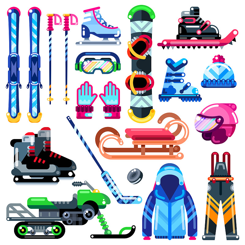 冬季运动器材、服装及配件。图标和孤立的设计元素集。矢量插图。图片素材