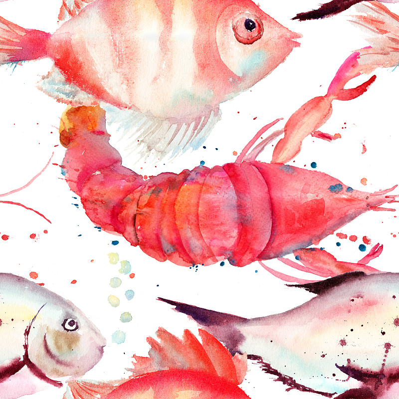 龙虾和鱼的水彩插图图片下载