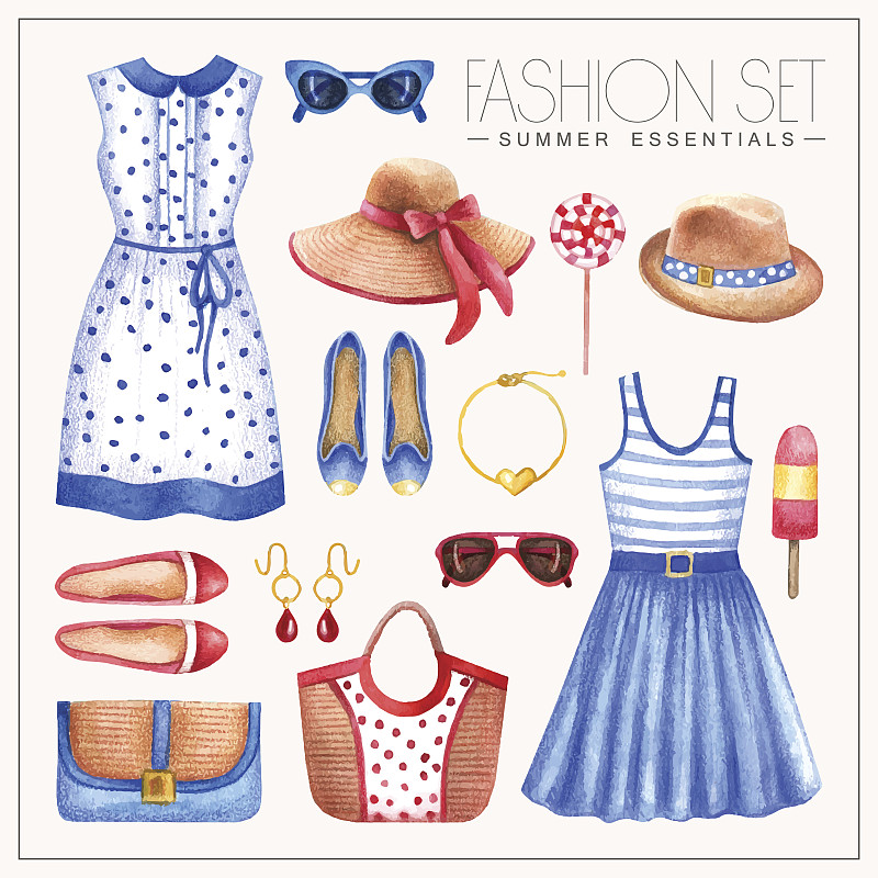 时尚水彩女人'的服装与裙子，帽子，包和鞋子图片下载