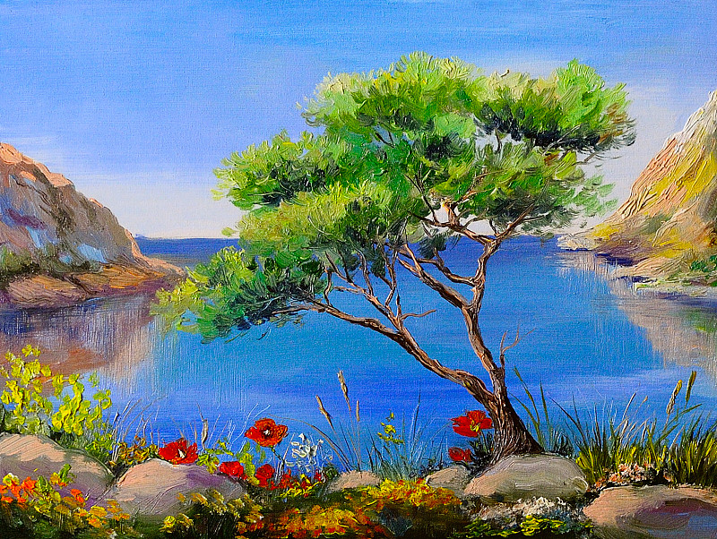 油画-海岸，树，山日落，海景观图片下载