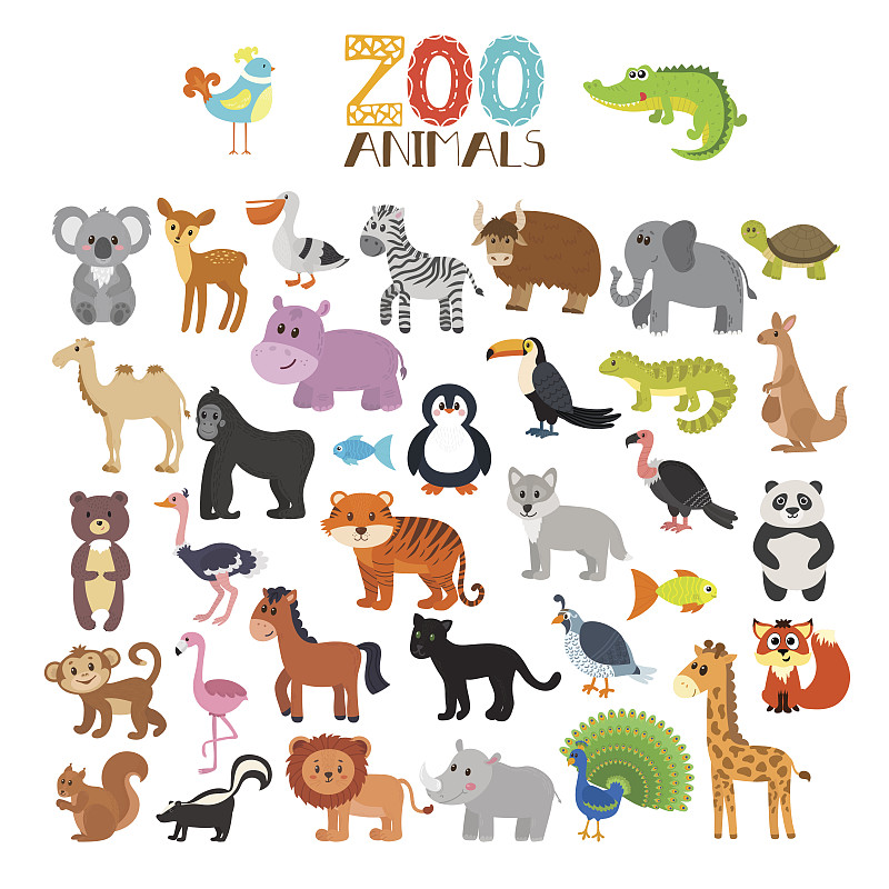 动物园动物的载体收集。一套可爱的卡通动物图片下载