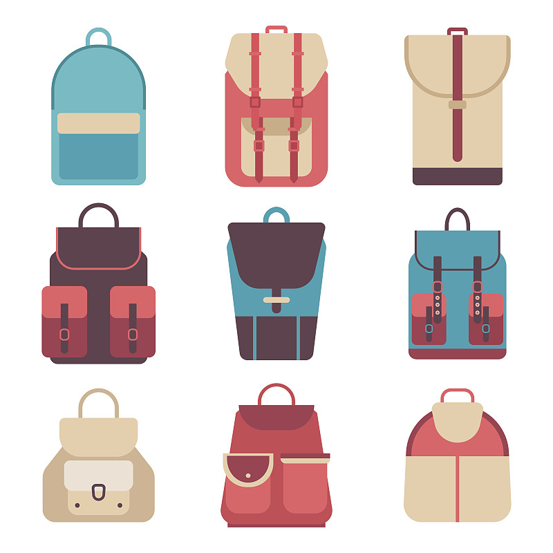 学校背包在一个平坦的风格。彩色背景的孩子图片下载
