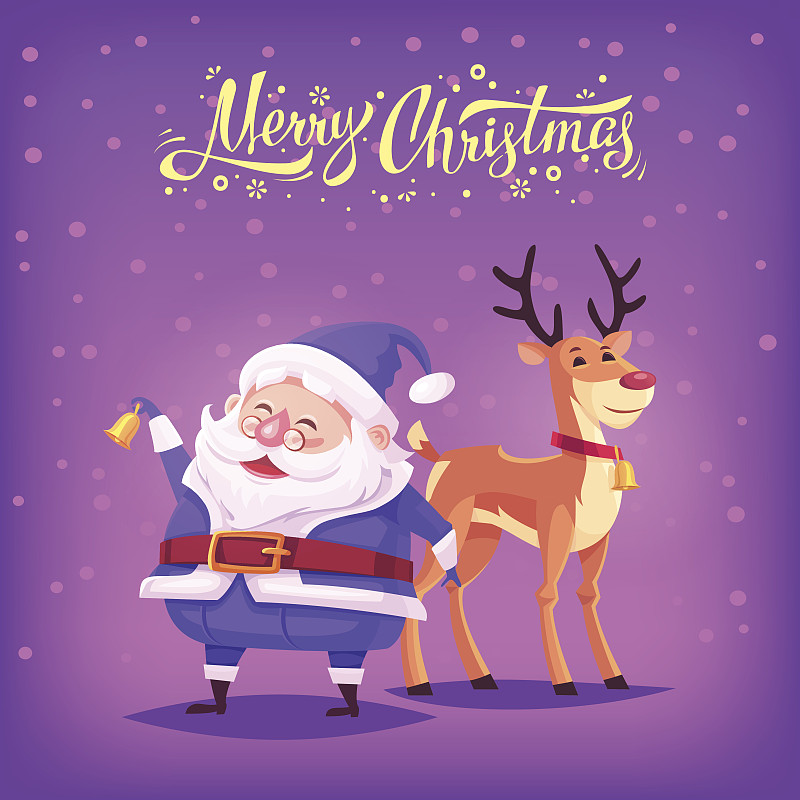可爱的卡通圣诞老人摇铃和有趣的驯鹿图片素材