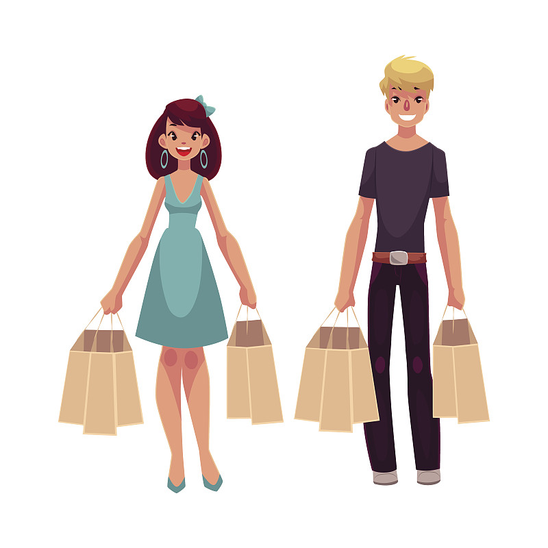 年轻的男人和女人，夫妇，拿着购物袋的朋友图片下载