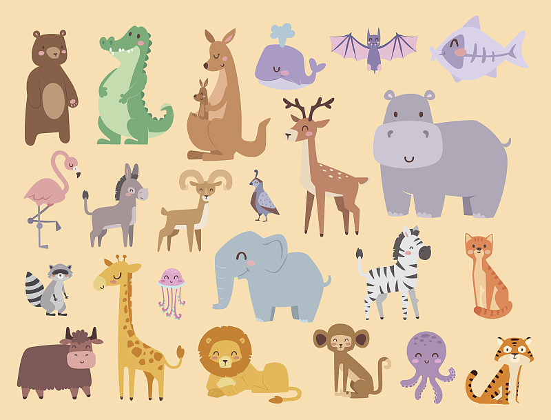 可爱的动物园卡通动物孤立有趣的野生动物学习可爱的语言和热带自然狩猎哺乳动物丛林高大的字符矢量插图图片下载