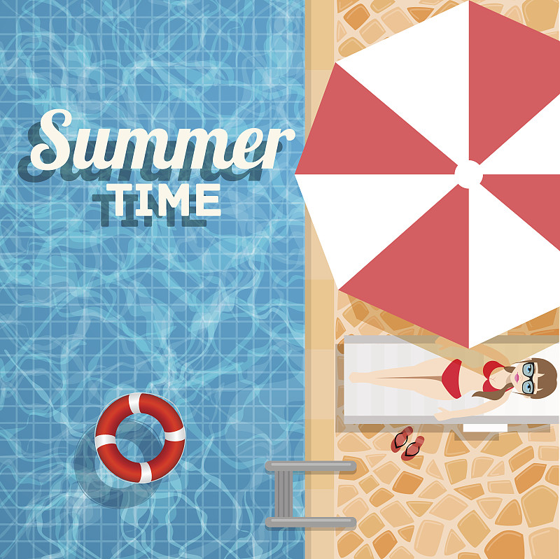 邀请你参加夏季游泳池的水派对。矢量设计插图游泳池与充气环和日光浴的女孩在伞下图片下载
