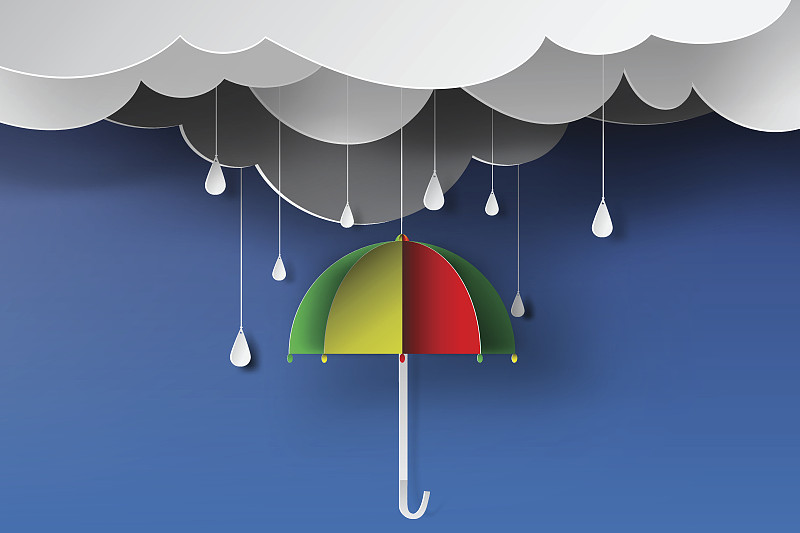 纸艺的彩色伞有雨季、蓝天、矢图片素材