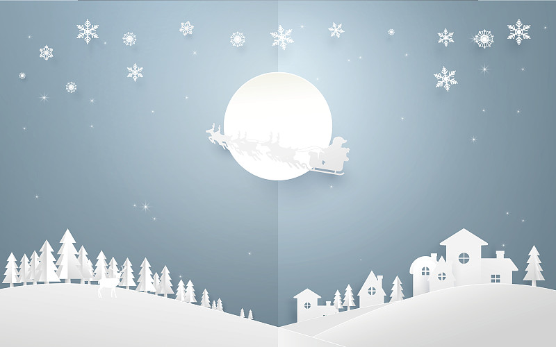 圣诞快乐的背景。圣诞老人驾着驯鹿雪橇在满月时飞过乡村城市。纸张艺术和折纸风格设计图片下载