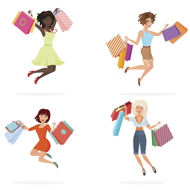 快乐的女人拎着购物袋跳。年轻的女孩们拿着包裹和商品跳来跳去。卡通矢量插图。图片下载