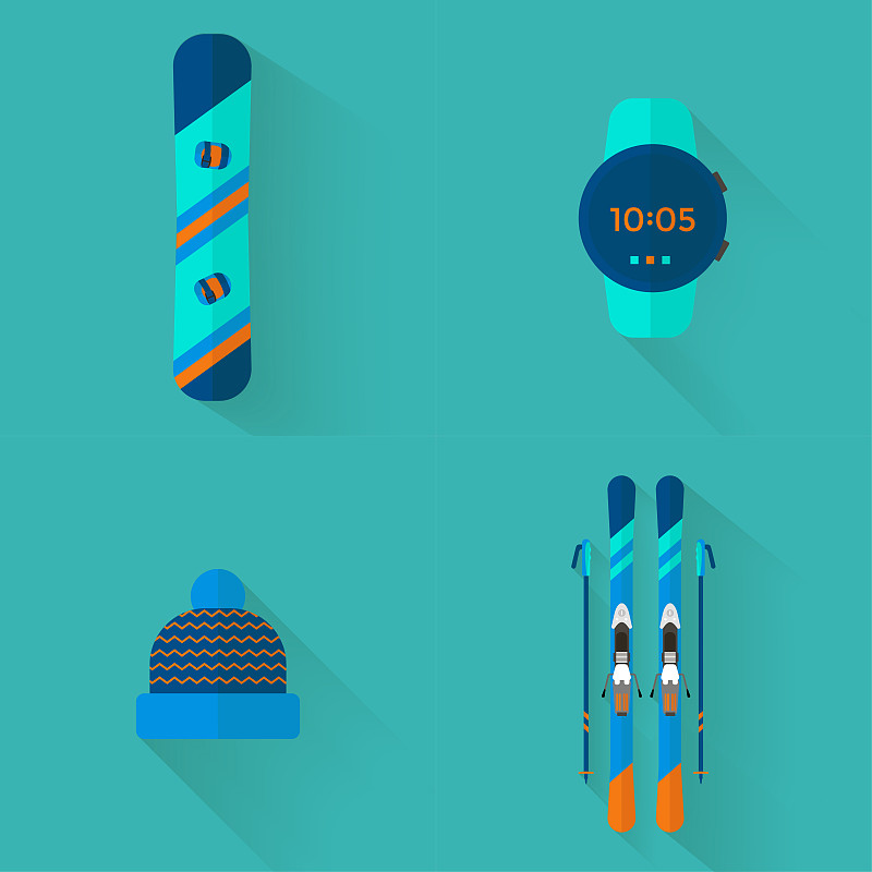 冬季运动图标系列。滑雪和单板滑雪成套设备在平面风格的设计图片素材