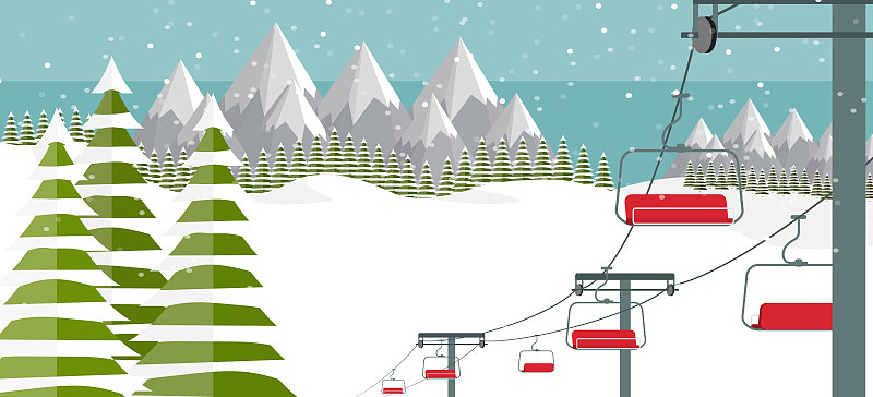 滑雪胜地，提升平面矢量插图。阿尔卑斯山，冷杉树，山峦广博全景背景。滑雪山，冬季网页横幅设计。图片下载