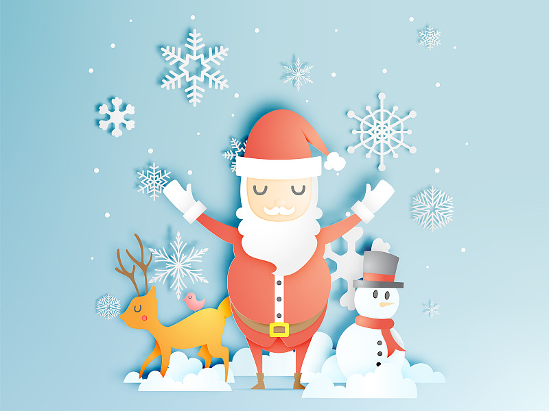 圣诞老人、雪人和驯鹿的纸艺术风格与雪花和雪花的背景图片素材