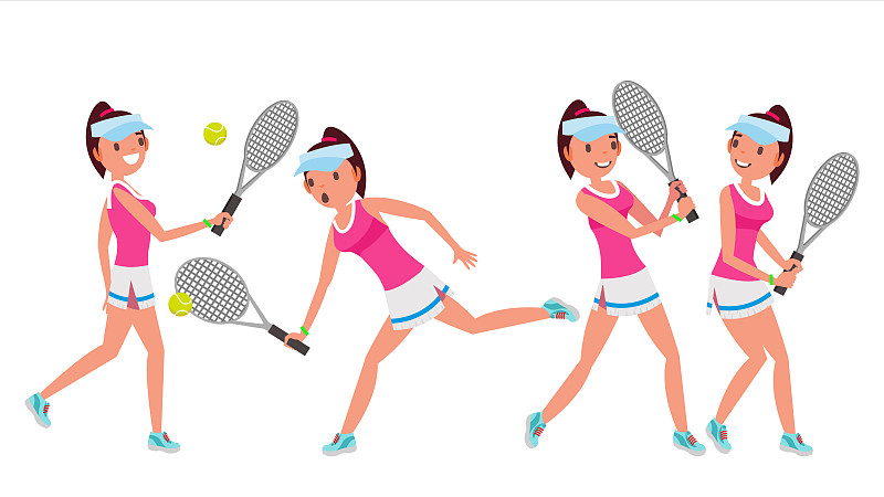 女子网球运动员向量。女网球运动员。不同的姿势。卡通人物图片图片下载